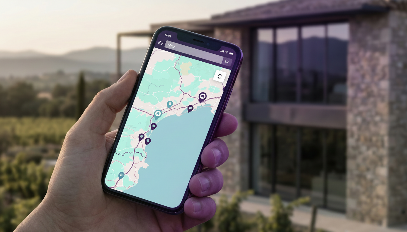 Plan rapproché sur l'écran d'un smartphone tenu en main, affichant une application de prospection im