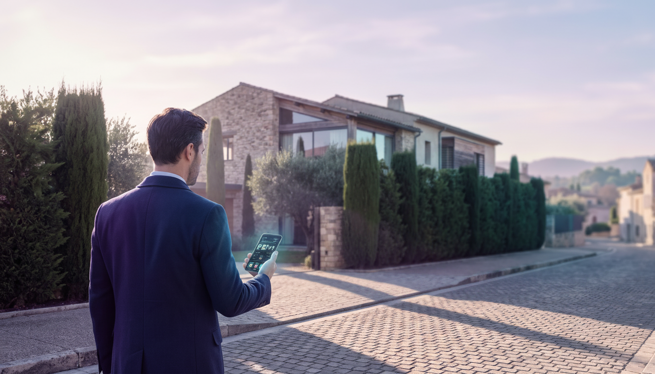 Conseiller immobilier de dos, regardant une grande propriété avec de hautes haies, tenant un smartph