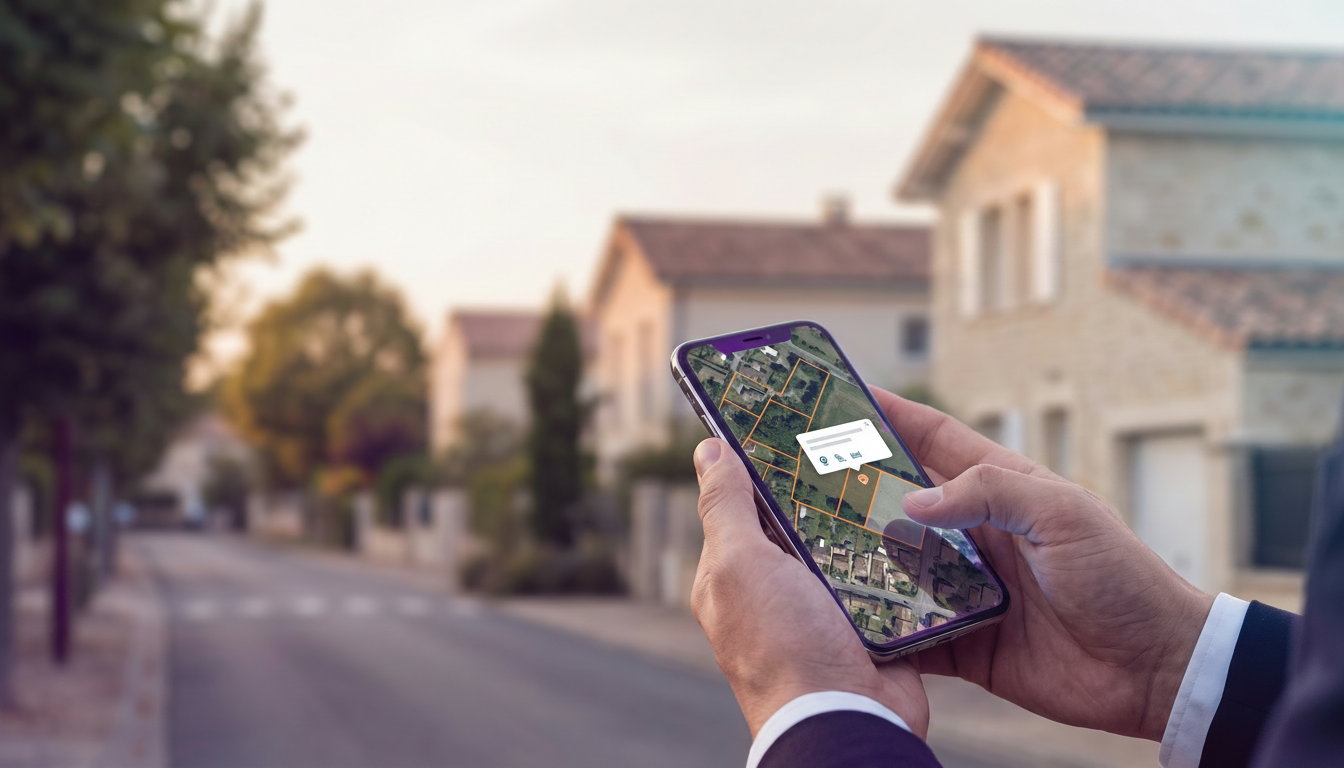 Gros plan sur les mains d'un professionnel de l'immobilier tenant un smartphone. L'écran affiche une