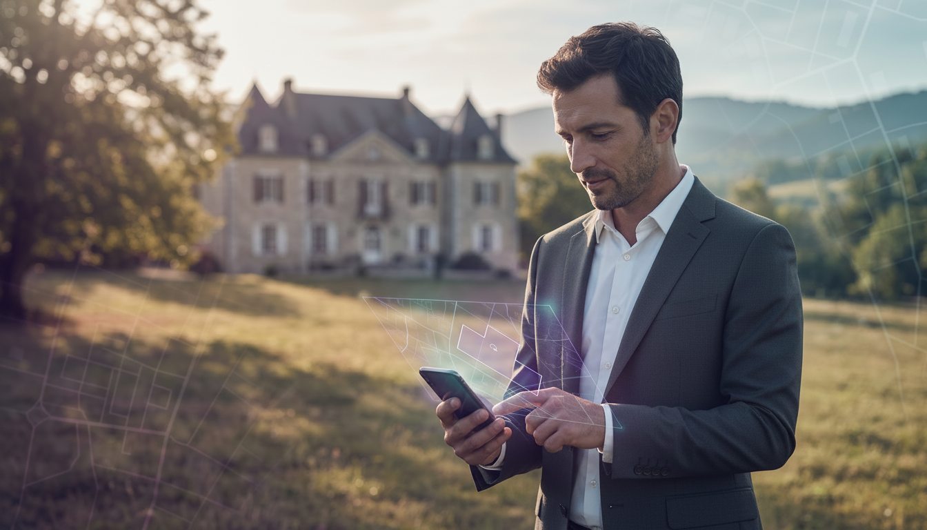 Conseiller immobilier en tenue professionnelle, se tenant devant un grand terrain pavillonnaire avec