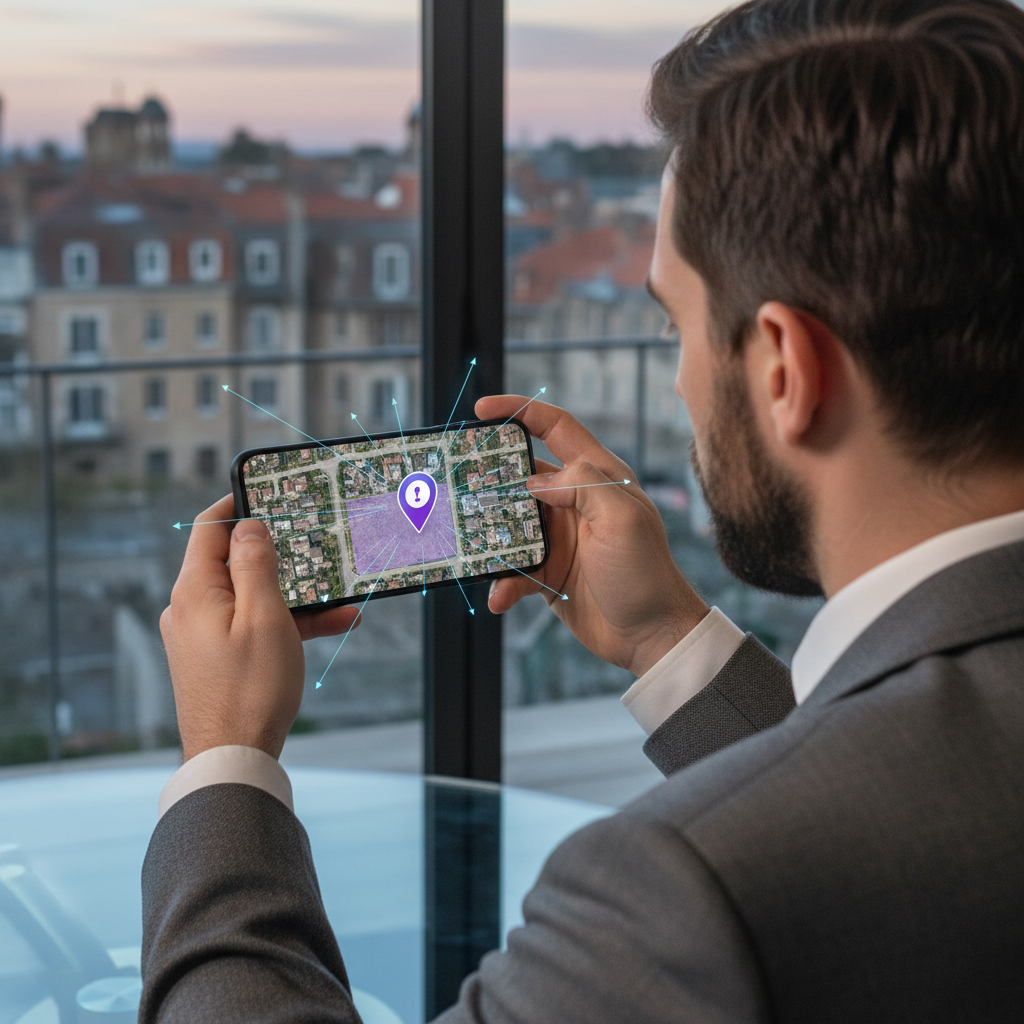 Vue par-dessus l'épaule d'un conseiller immobilier tenant un smartphone affichant une application av