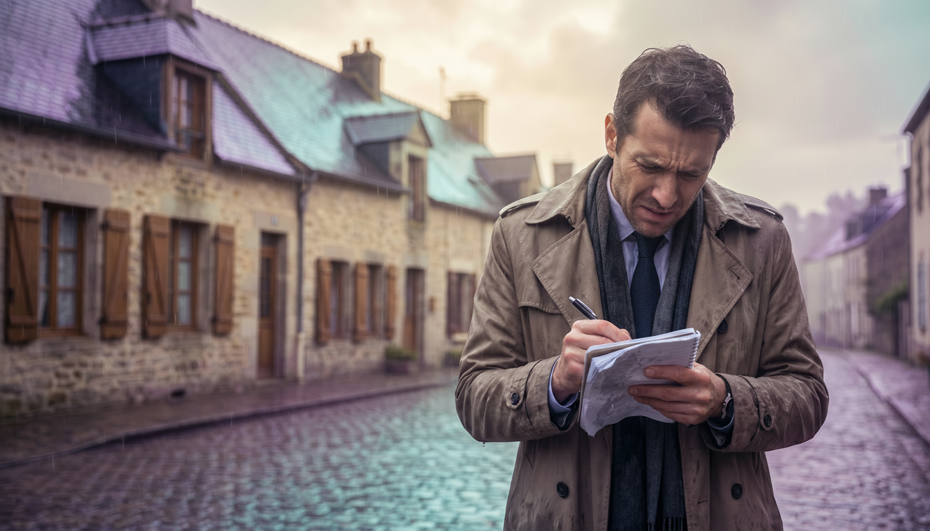 Conseiller immobilier sous la pluie en tenue professionnelle, l'air frustré, essayant d'écrire avec