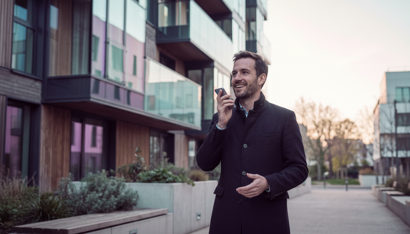 Conseiller en immobilier souriant, habillé avec un manteau élégant, debout devant un immeuble réside