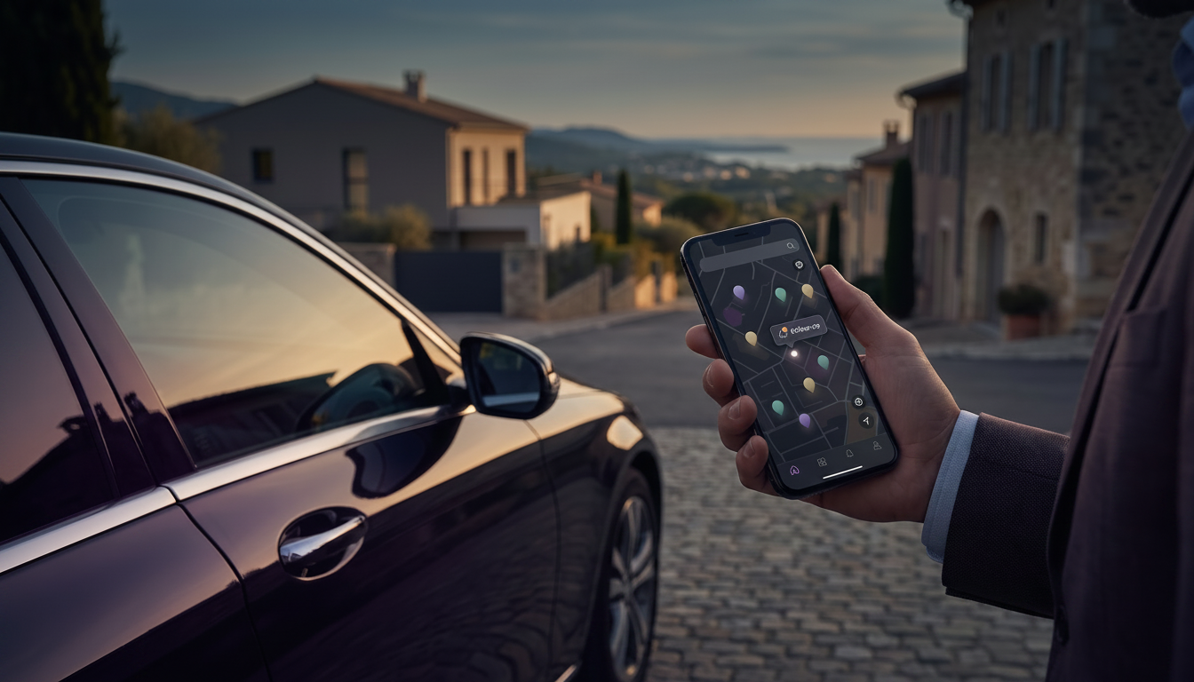 Écran de smartphone montrant une application de cartographie immobilière avec des points d'intérêt c