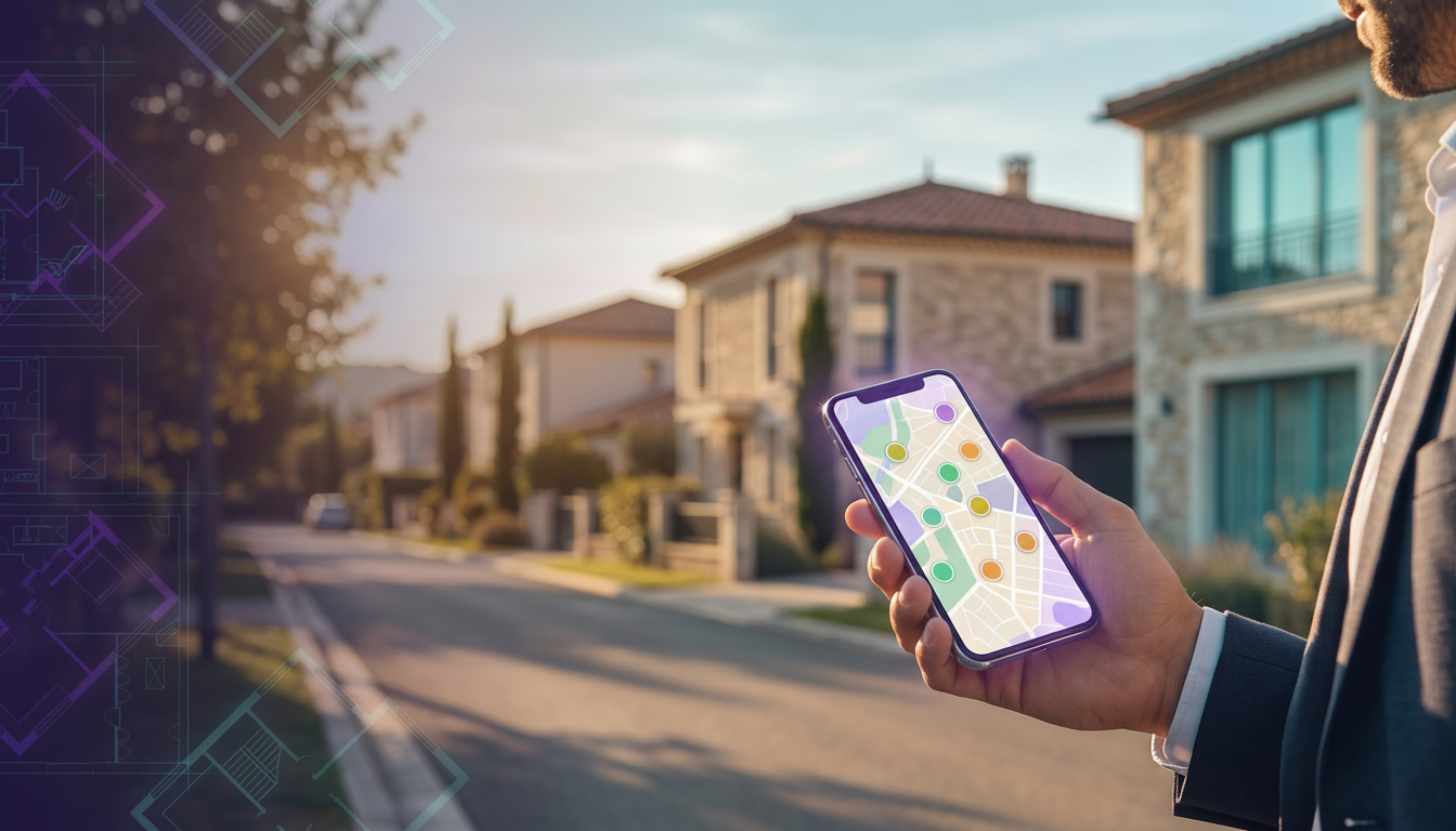 Écran de smartphone affichant une carte interactive avec des pastilles de différentes couleurs pour 