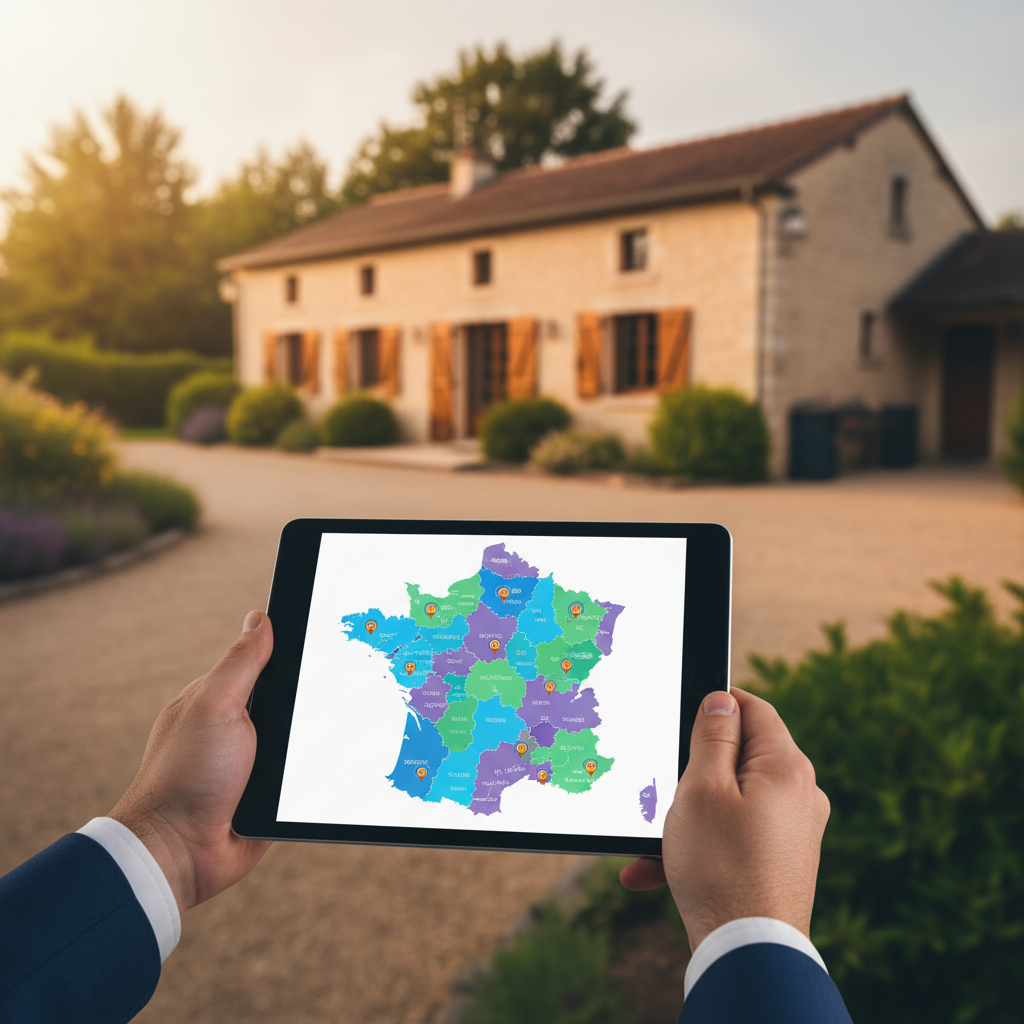 Vue rapprochée sur l'écran d'une tablette tenue par un conseiller immobilier, affichant une carte in