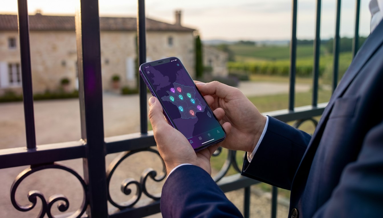Vue en plongée d'un smartphone affichant une carte interactive avec des marqueurs de prospects géolo