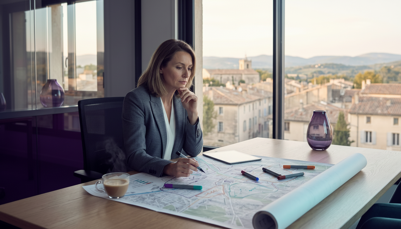 Une conseillère immobilière assise à son bureau, analysant un plan de sa ville avec des marqueurs de