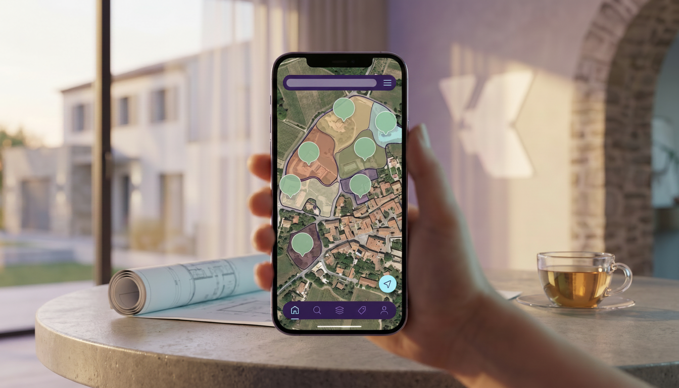 L'écran d'un smartphone affichant l'application ProspeMap, avec une carte interactive montrant des z