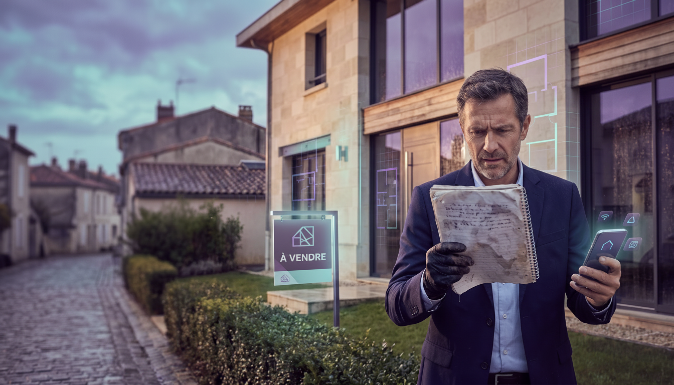 Conseiller immobilier regardant avec frustration un carnet de notes abîmé par la pluie devant une ma