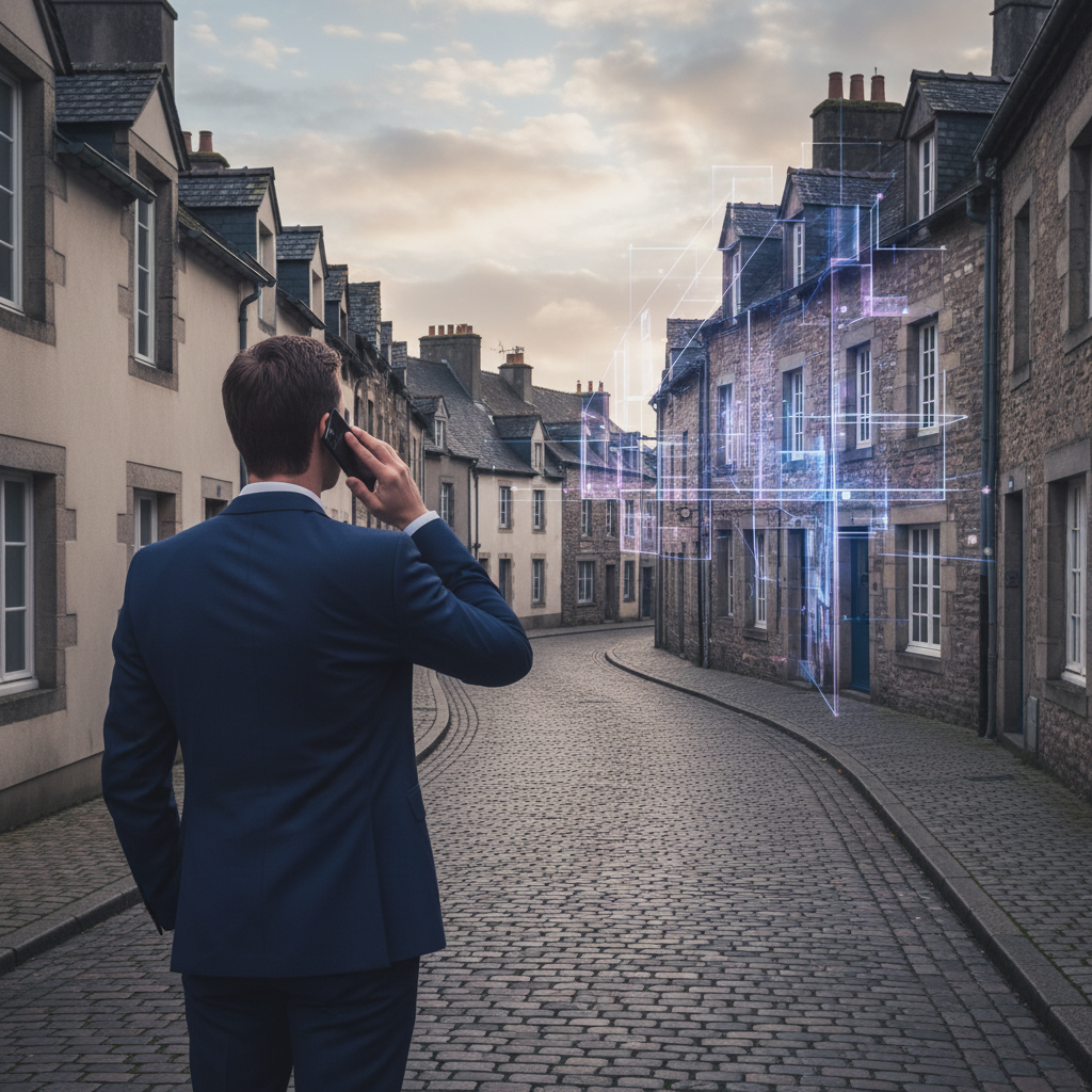 Conseiller immobilier en tenue professionnelle dans une rue résidentielle, utilisant son smartphone 