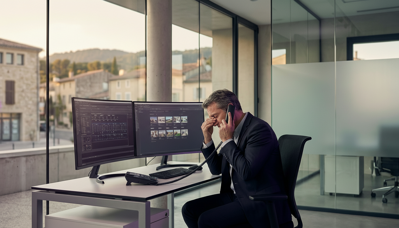 Conseiller immobilier assis à son bureau devant deux écrans d'ordinateur affichant des listes d'anno