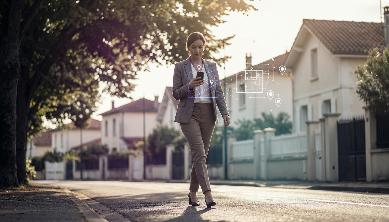 Vue en contre-plongée dynamique d'une conseillère immobilière marchant d'un pas décidé dans une rue 