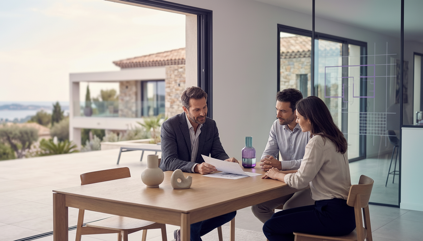 Consultant immobilier masculin, la quarantaine, habillé en style business casual, assis à une table 