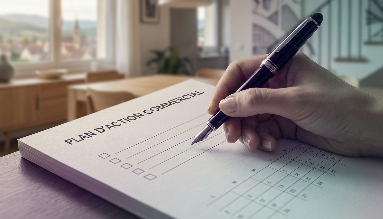 Gros plan sur une main tenant un stylo de qualité au-dessus d'un plan d'action commercial imprimé su