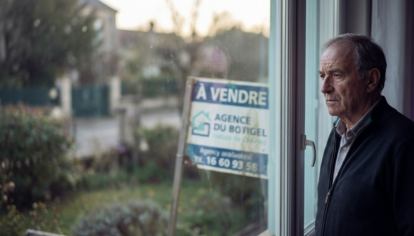 Un propriétaire vendeur, l'air soucieux et dubitatif, regardant par la fenêtre de son salon avec, en