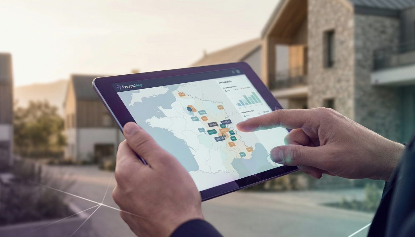 Gros plan sur une tablette tenue par un conseiller immobilier montrant une carte interactive ProspeM