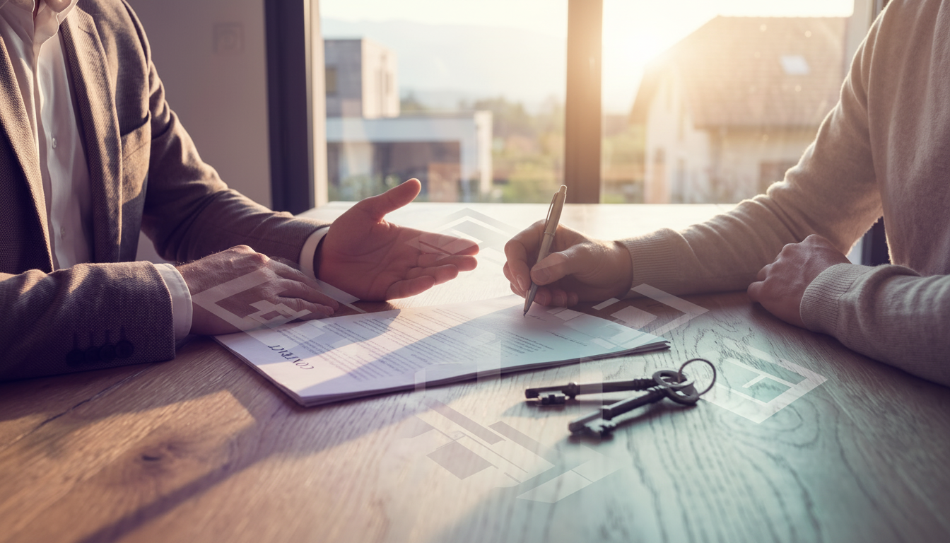Vue rapprochée sur les mains d'un conseiller immobilier et d'un propriétaire signant un contrat de m