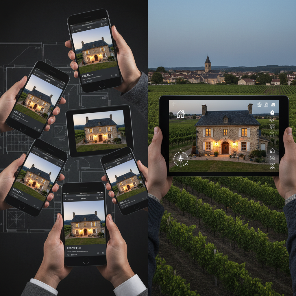 Comparaison visuelle scindée en deux. À gauche, un bien immobilier affiché sur plusieurs écrans de s