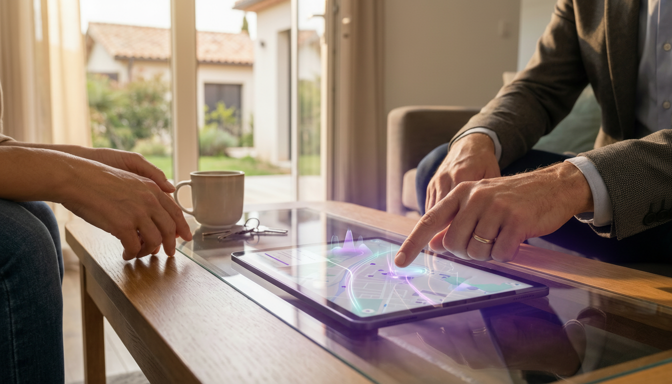 Gros plan sur les mains d'un conseiller immobilier et d'un propriétaire autour d'une table de salon.