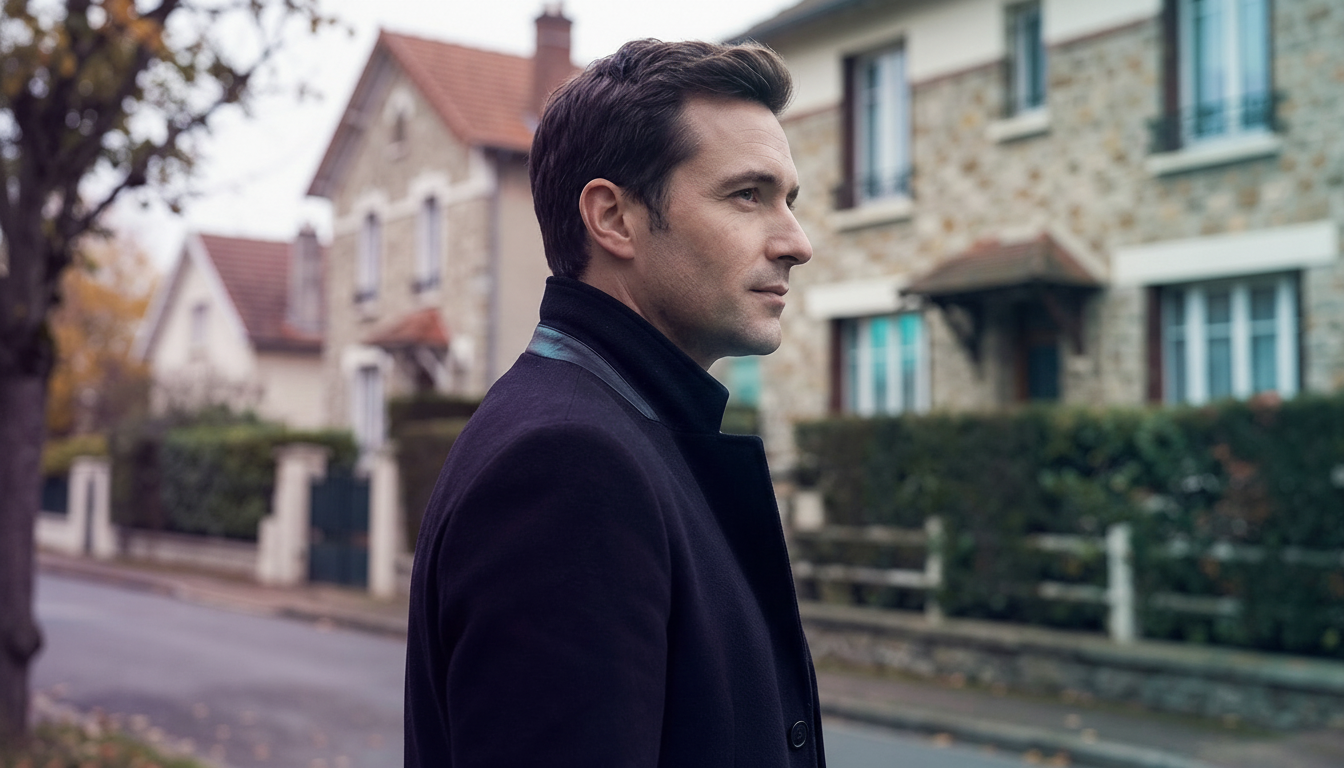 Gros plan cinématique sur le visage d'un conseiller immobilier déterminé, de profil, marchant dans u