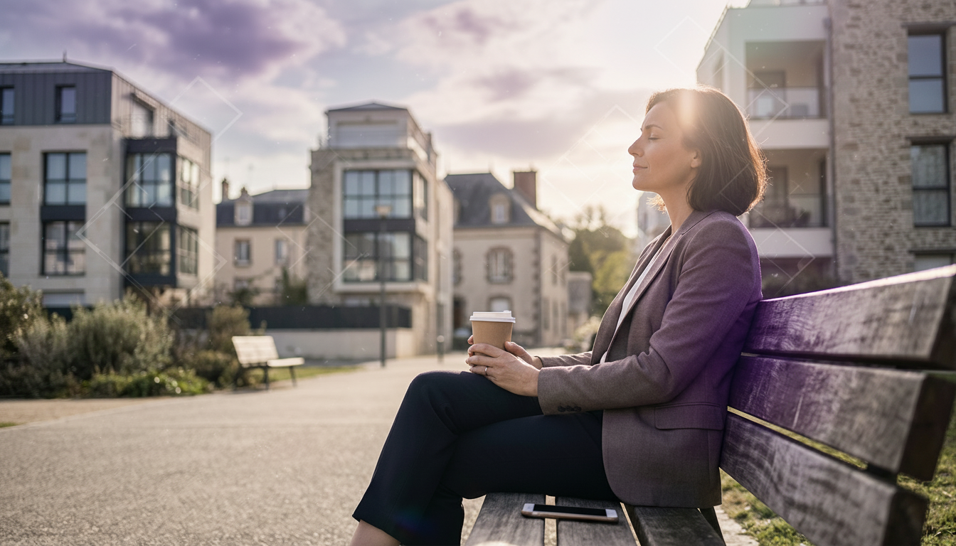 Plan moyen d'une conseillère immobilière assise sur un banc public dans un parc urbain, prenant un m