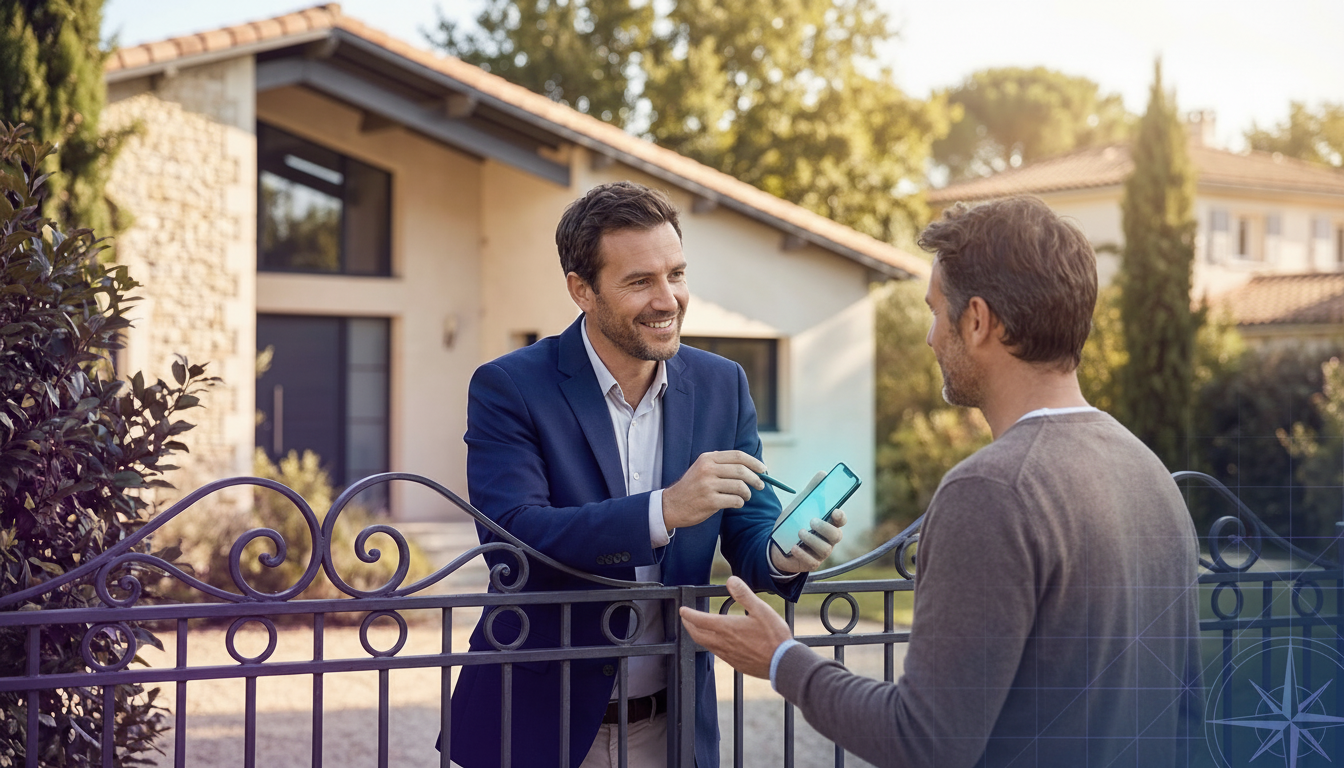 Conseiller immobilier souriant en tenue professionnelle décontractée, discutant au-dessus d'un porta