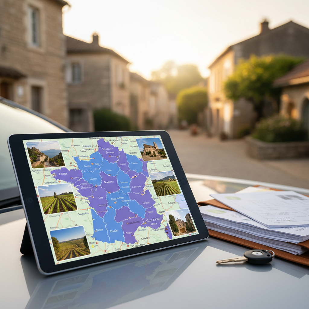 Tablette numérique affichant une carte interactive avec des zones géographiques colorées en bleu et 