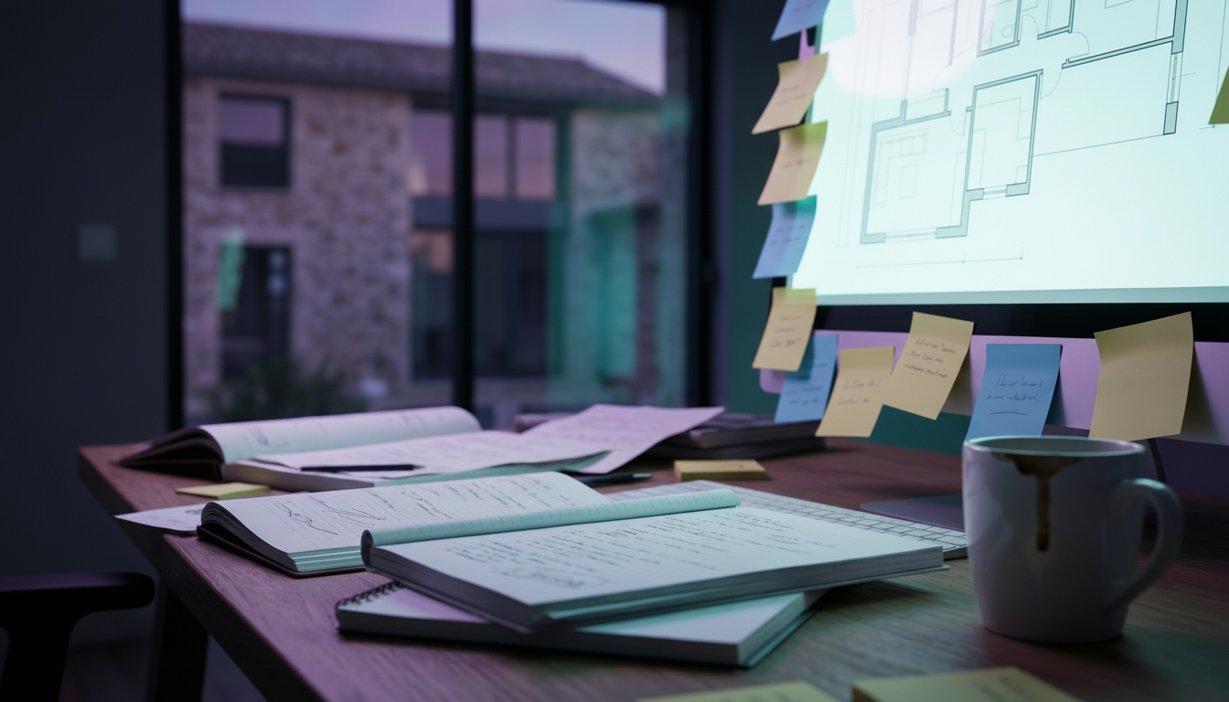 Gros plan sur un bureau en désordre avec des piles de carnets, des post-its collés sur un écran d'or