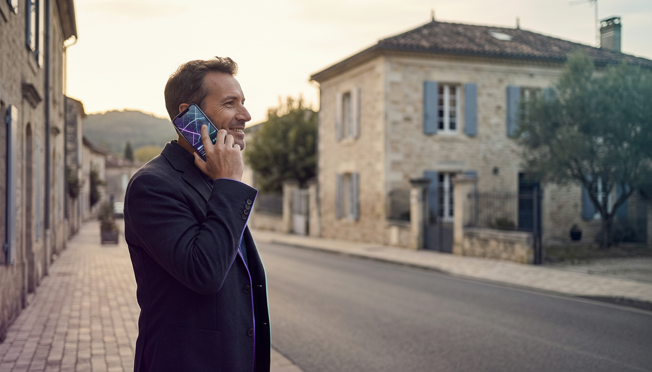 Un conseiller immobilier souriant, debout dans une rue résidentielle ensoleillée d'une ville de prov