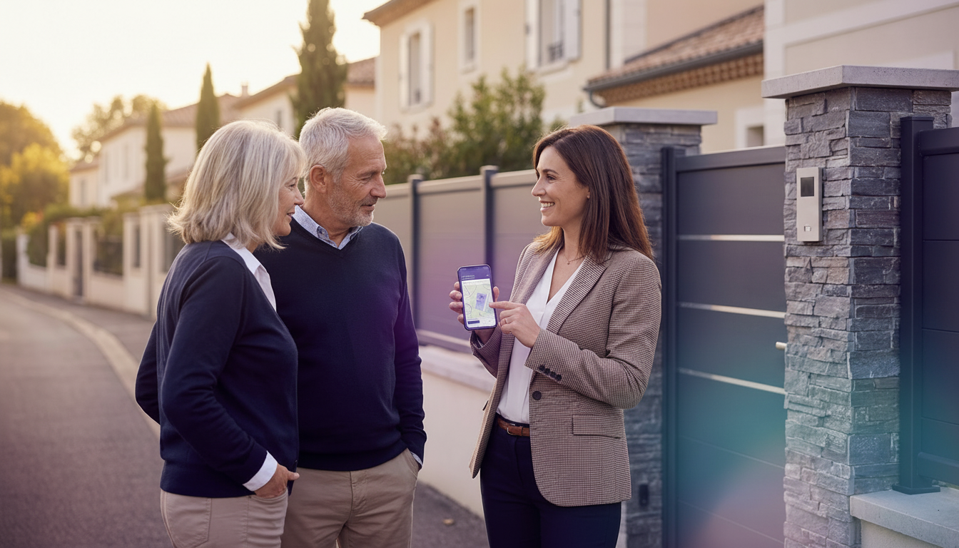 Plan moyen d'une conseillère immobilière souriante, debout dans une rue résidentielle française enso