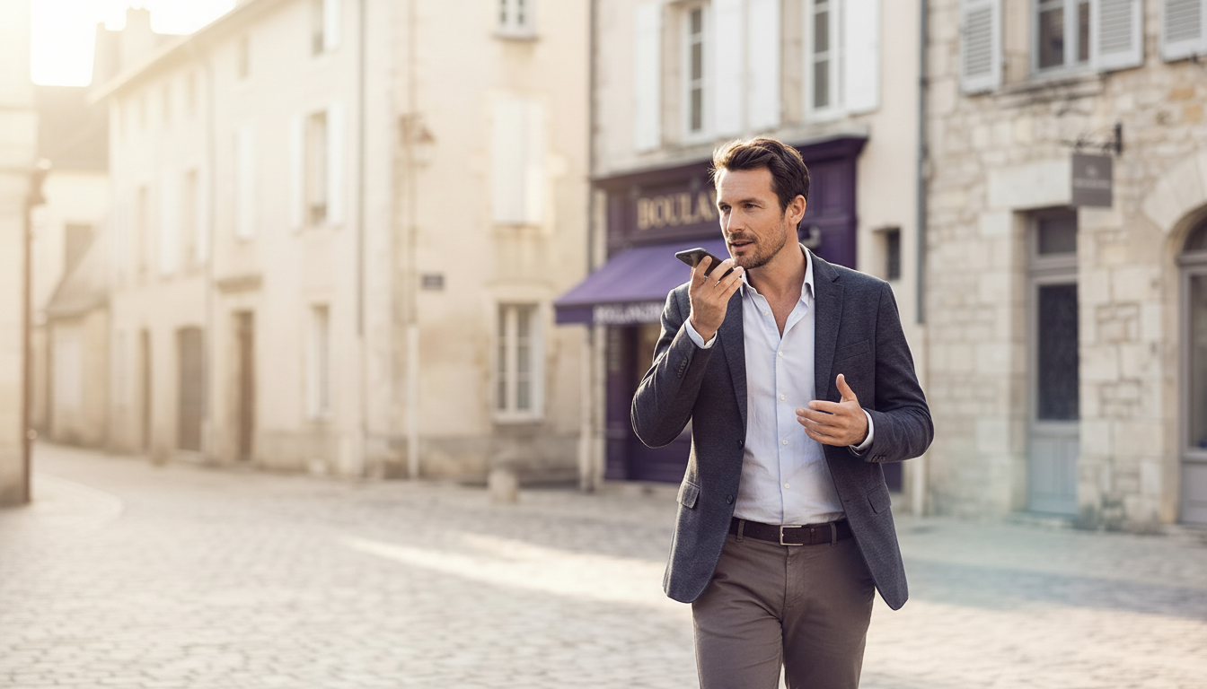 Gros plan sur un conseiller immobilier masculin dynamique marchant dans une rue de centre-ville fran