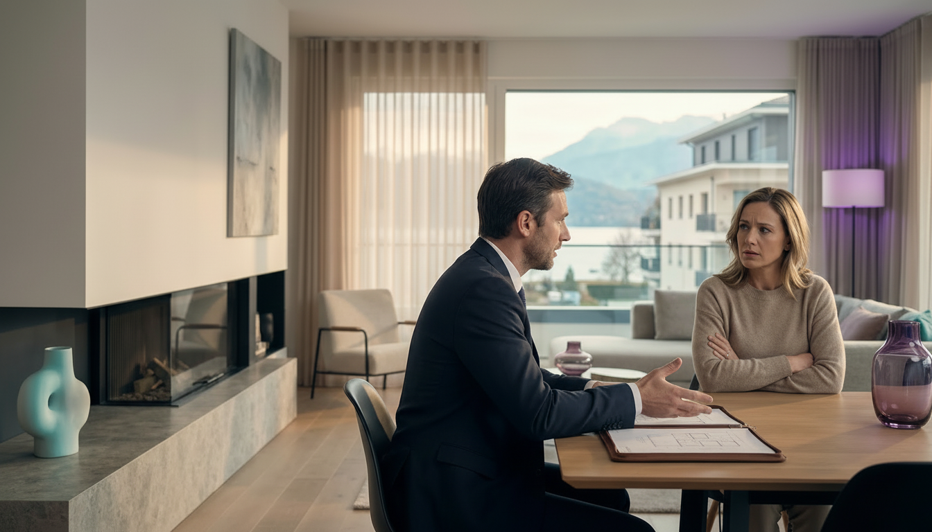 Conseiller immobilier de profil en discussion dans un salon moderne avec un propriétaire vendeur qui