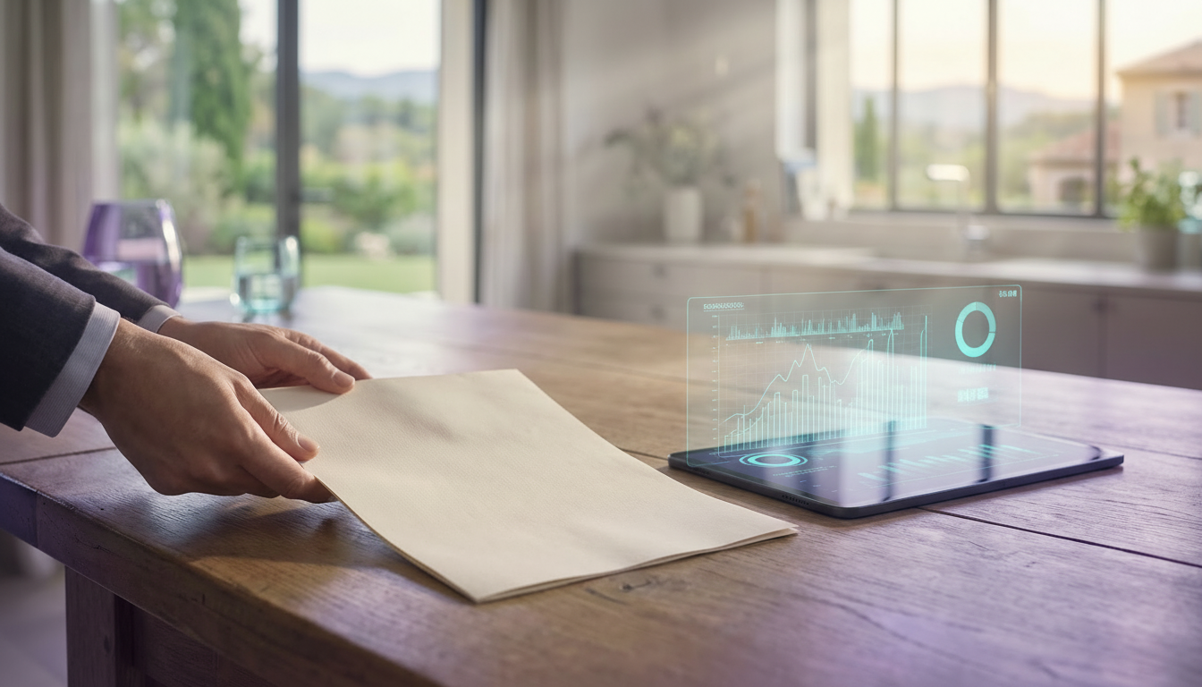 Mains d'un conseiller immobilier posant délicatement une offre d'achat papier sur une table en chêne