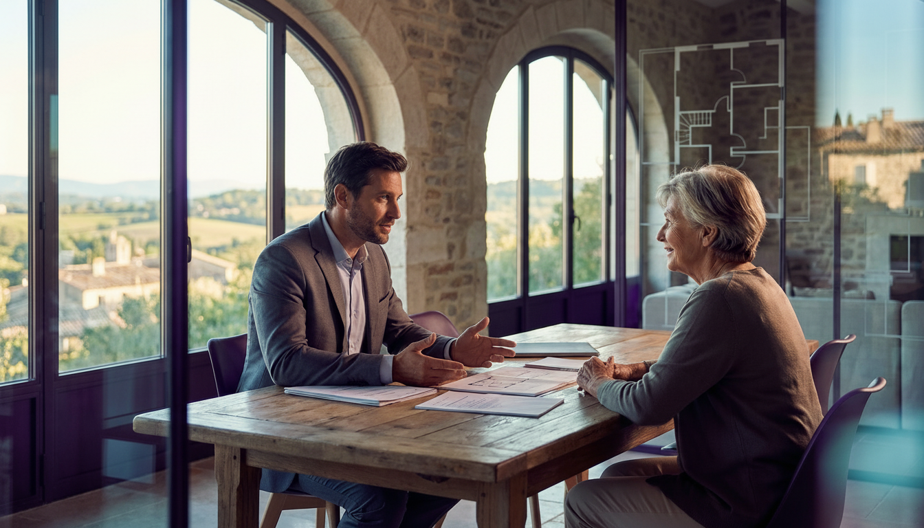 Conseiller immobilier assis à la table du salon d'une maison de province, écoutant attentivement un 