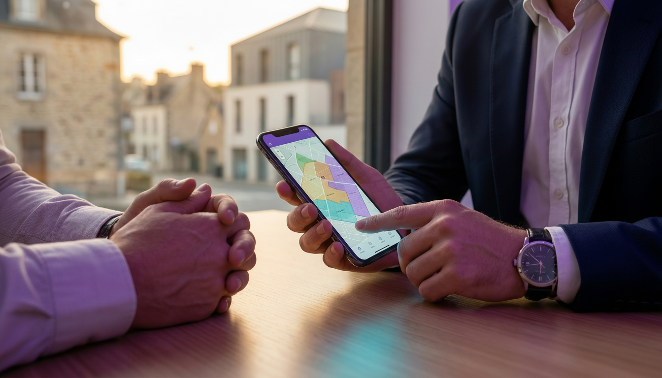 Plan rapproché sur les mains d'un conseiller immobilier tenant un smartphone affichant une carte int