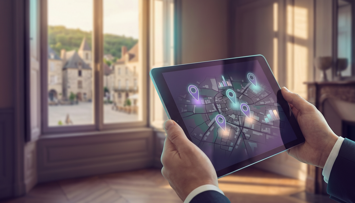 Gros plan sur une tablette tenue par des mains professionnelles montrant une carte interactive avec 