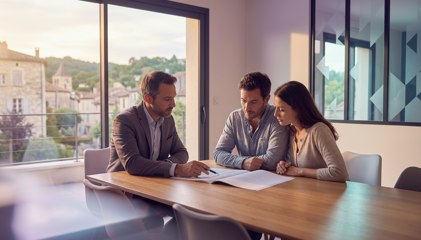 Un conseiller immobilier et un couple de propriétaires assis autour d'une table de salle à manger, e