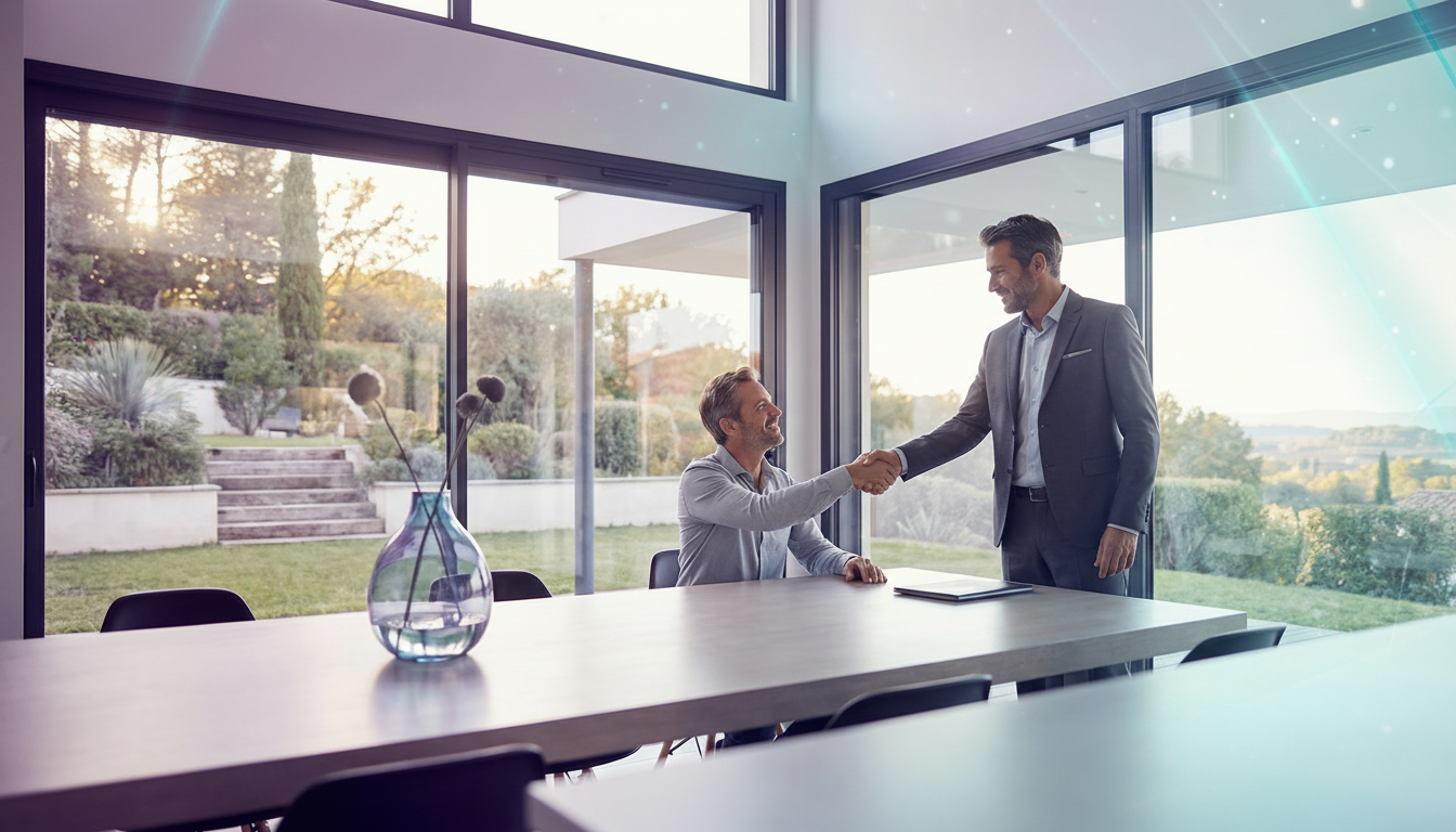 Scène d'intérieur moderne et lumineuse, un conseiller immobilier debout, confiant et souriant, serra