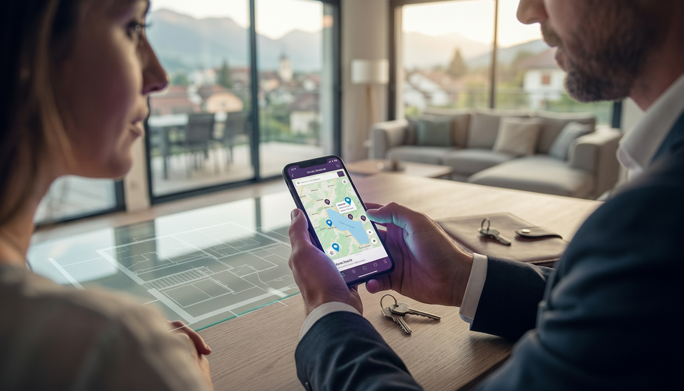 Gros plan sur les mains d'un professionnel de l'immobilier tenant un smartphone affichant une carte 