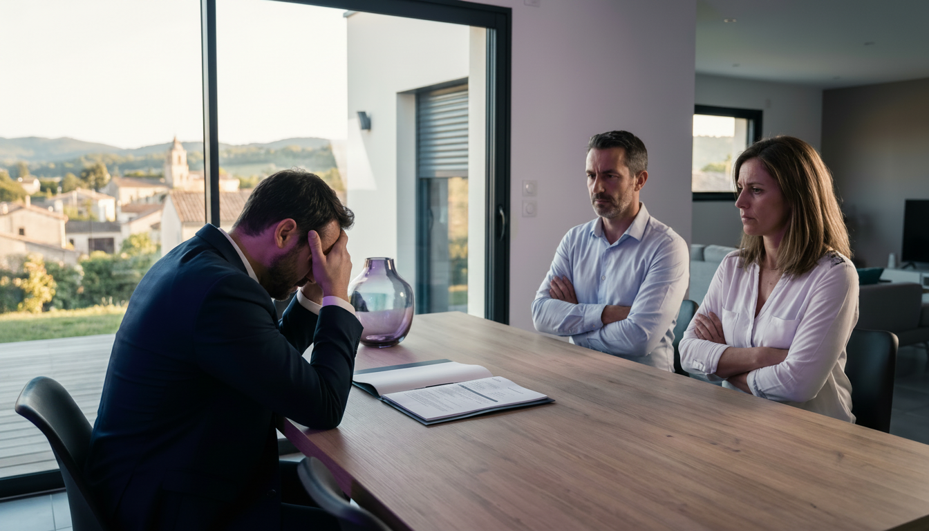 Conseiller immobilier dépité assis à une table de salle à manger face à un couple de propriétaires v