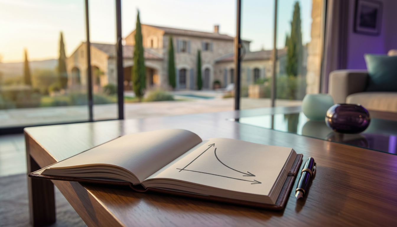 Graphique simple dessiné sur un carnet posé sur une table basse de salon. Le graphique montre une co