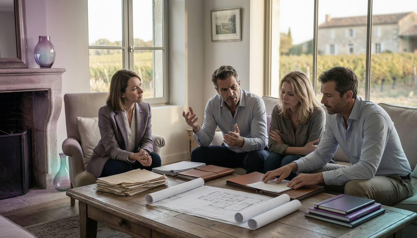 Conseiller immobilier assis dans un salon ancien, observant attentivement trois frères et sœurs aux 