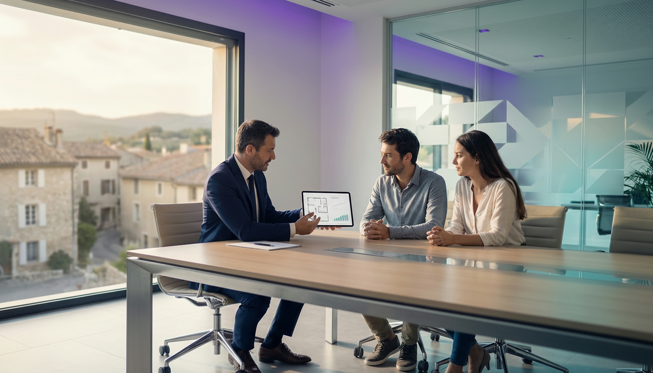 Conseiller immobilier en costume présentant un dossier d'estimation sur une tablette numérique à une