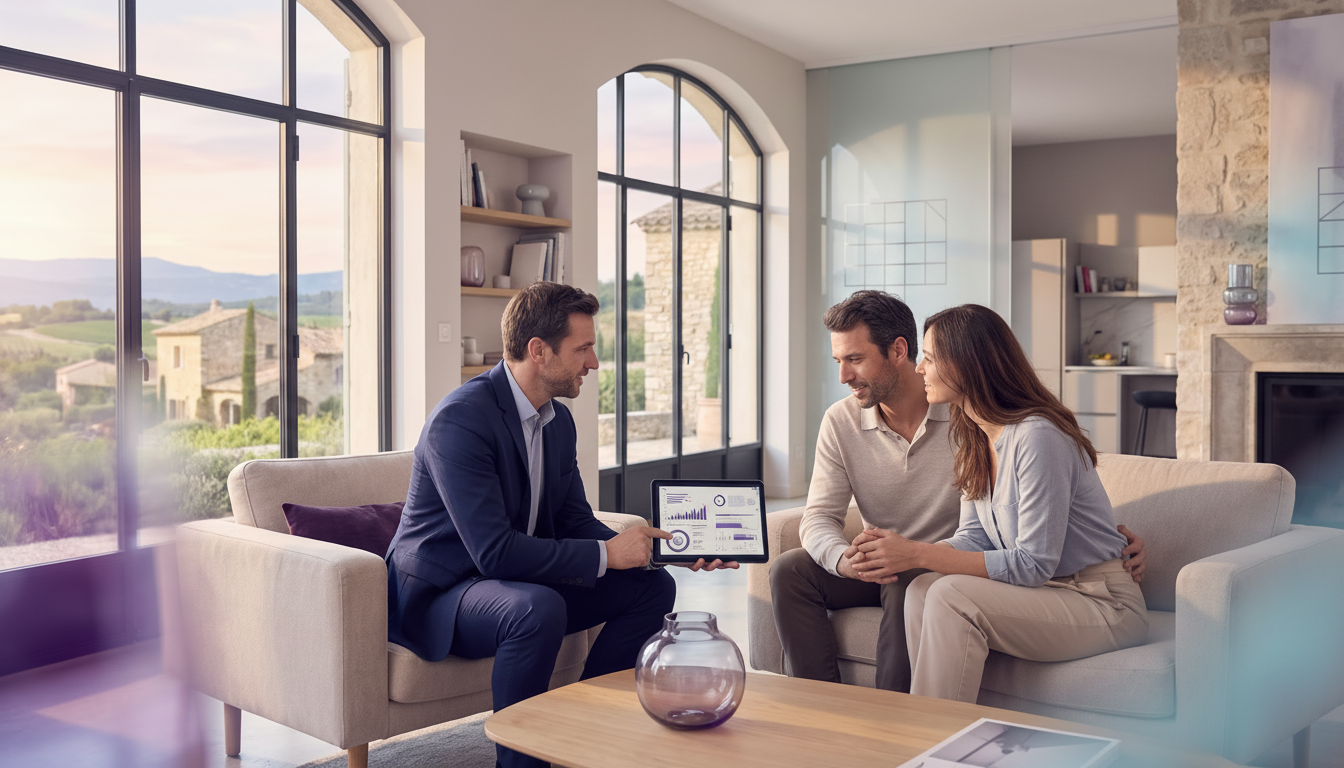 Conseiller immobilier en tenue professionnelle discutant calmement avec un couple de propriétaires d