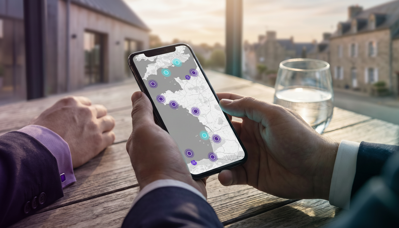 Vue rapprochée sur les mains d'un conseiller immobilier tenant un smartphone affichant une carte int