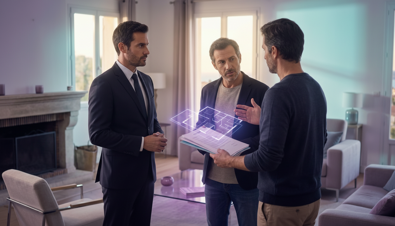 Conseiller immobilier en costume discutant avec un propriétaire dans un salon moderne, tenant des do