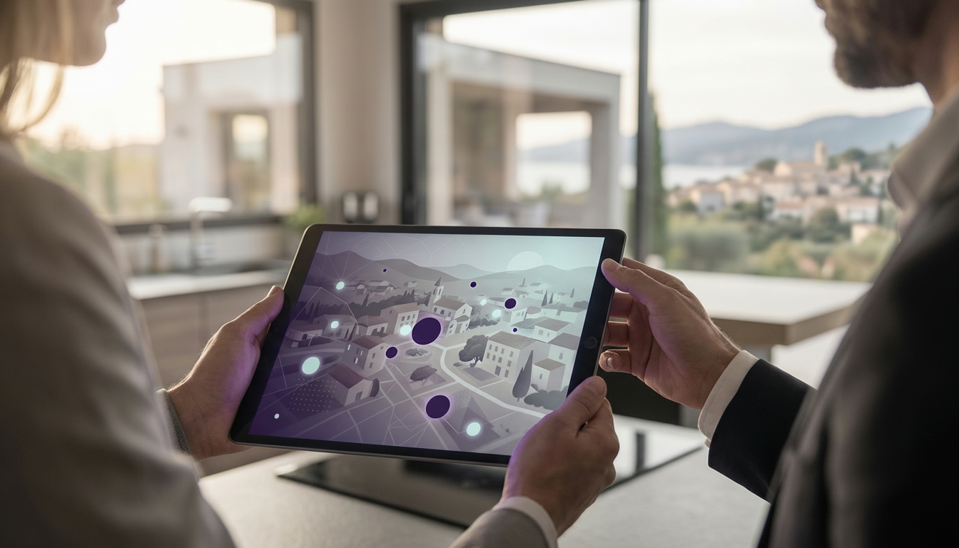 Vue par-dessus l'épaule d'un conseiller immobilier montrant une carte interactive sur tablette numér