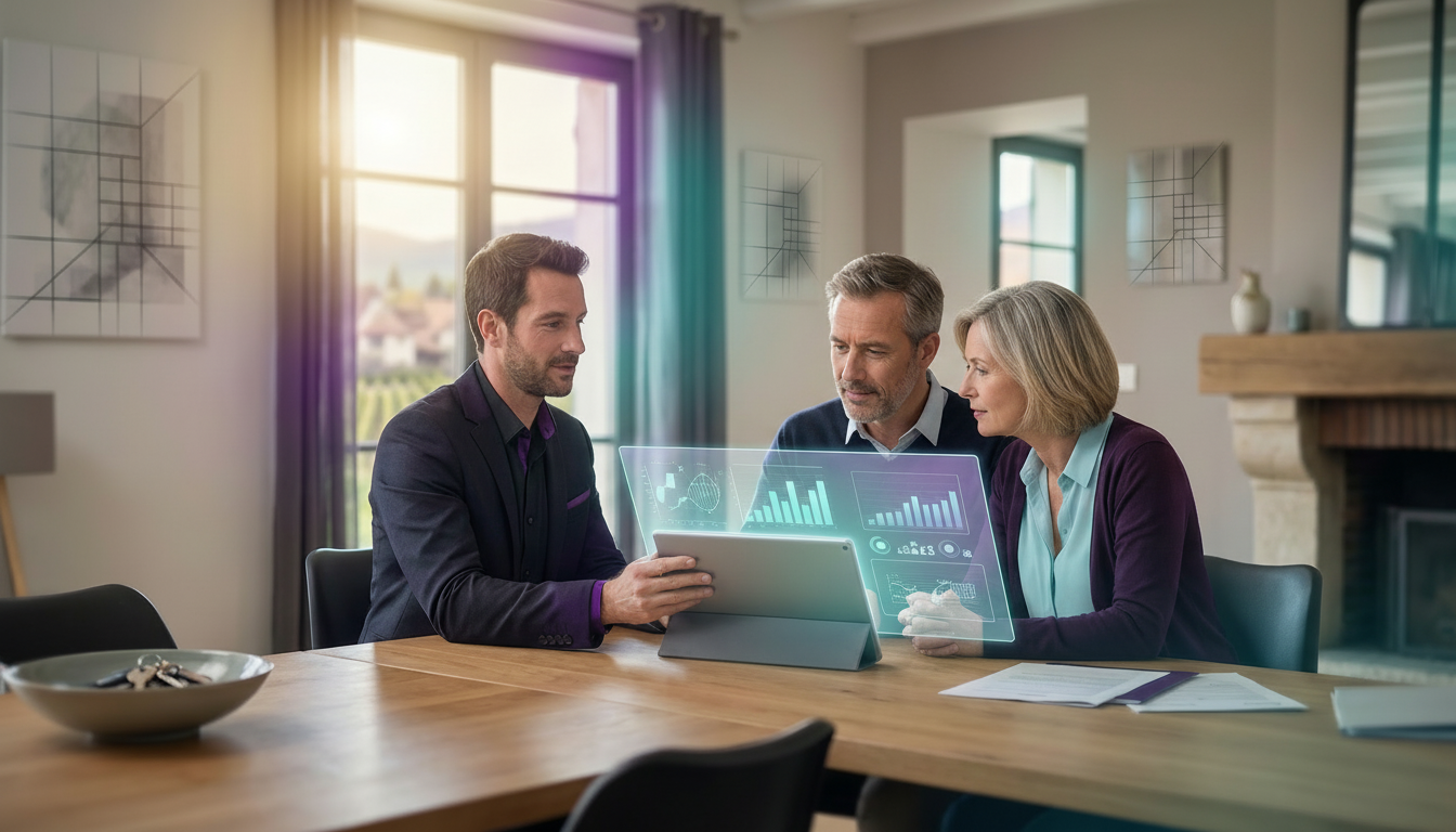 Un conseiller immobilier bienveillant assis à une table de salle à manger face à un couple d'âge moy