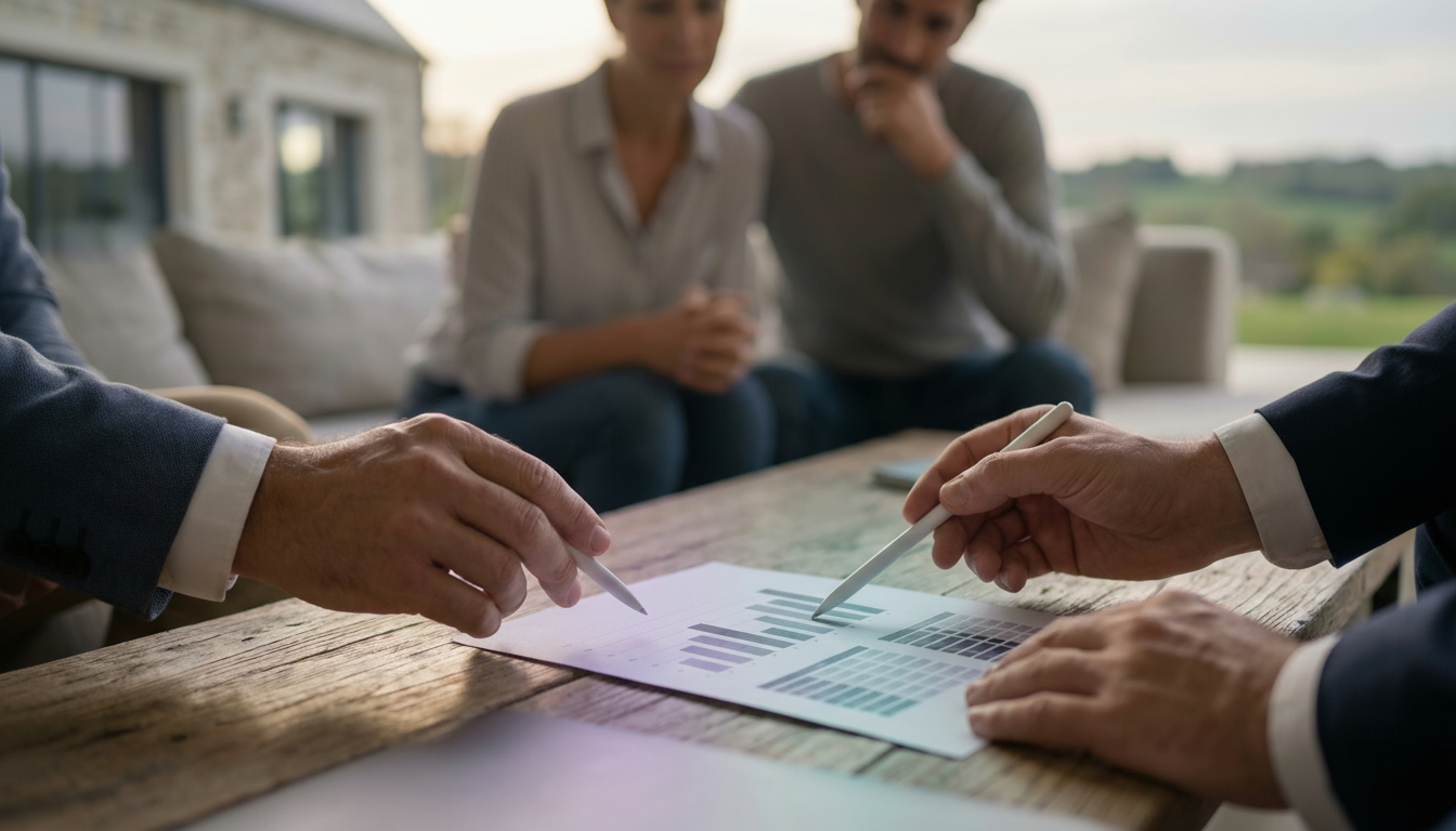 Plan rapproché sur les mains d'un conseiller immobilier pointant un document officiel avec des stati